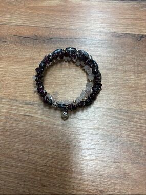 Handmade Garnet and Rose Quartz Beaded Wrap Bracelet with Silver Skull Charm